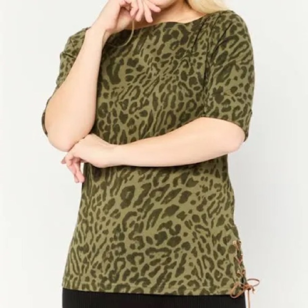 Lauren Ralph Lauren Olive Animal Print Crewneck Short Sleeve Top With Side Tie